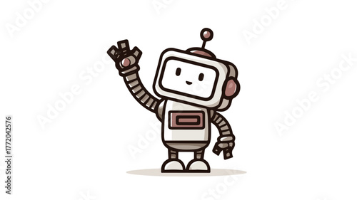 Friendly Cute Robot Waving Hand Cartoon Vector Icon Illustration