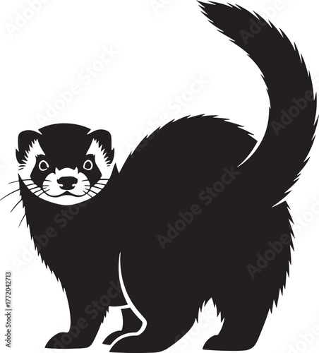 Adorable black silhouette of a ferret standing with tail up and curious eyes looking forward
