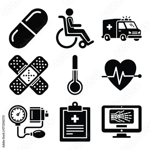 Medical icons set with pill wheelchair ambulance and other medical devices