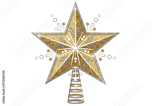 Golden Christmas Star Tree Topper with Intricate Glitter Details.
