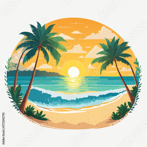 A bright vector illustration of a tropical island beach with palm trees, sand, and ocean water under a summer sky