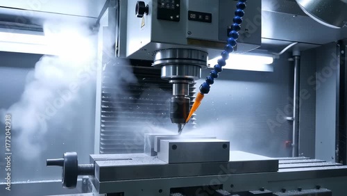 Advanced CNC Machining Process in Action with Precision Tooling and Mist