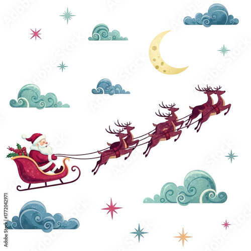 Santa Claus riding his sleigh pulled by a team of flying reindeer.