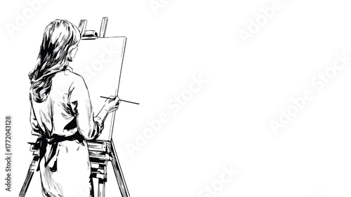Talented Female Artist Creating Art on Drawing Easel with Long Brush