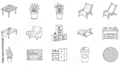 home decoration items potted plants armchairs tables and bookshelves arranged in isometric line art ideal for interior design layouts