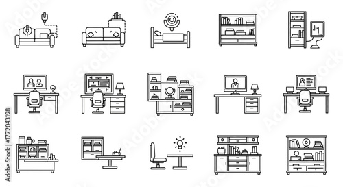 home office furniture set linear icons of interior design  workspaces for promoting remote work  virtual meetings in digital brochures
