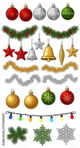 A festive collection of various Christmas tree ornaments and decorations.