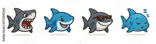 Cartoon sharks icons , ocean, predator, animal, funny, sea