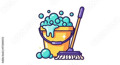 Illustration of a yellow bucket filled with soapy bubbles and a mop, suggesting cleaning.