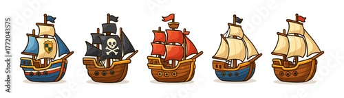 Pirate ship cartoon icons ,sailboat, adventure, sea, treasure, voyage