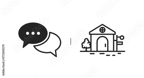 Minimalist icons of speech bubbles for communication and a building representing a local business or shop.