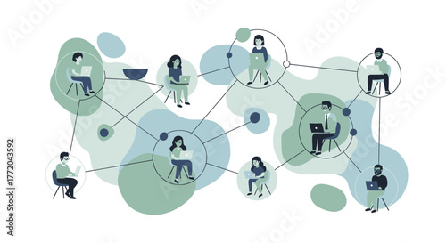 An illustration showing a network of diverse people working remotely on laptops, connected by lines and abstract shapes, representing collaboration and communication.
