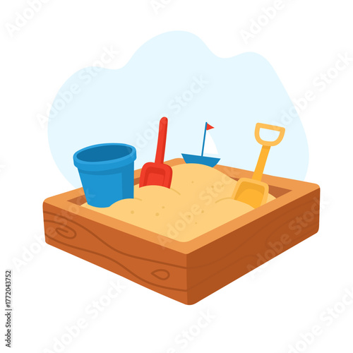 Playground sandbox filled with golden sand and colorful toys, sandbox inviting kids to dig, build, and imagine, sandbox representing creativity, sensory play, and joyful outdoor childhood exploration