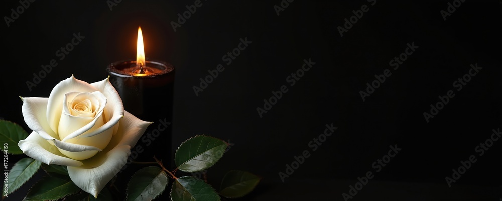 Obraz premium White rose with green leaves placed next to burning black candle on dark background. Empty space for text on right side for funeral or remembrance themes.