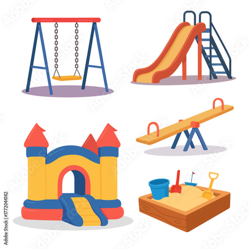 Playground collection with swing, slide, seesaw, sandbox, and bounce house, playground design capturing joy, fun, and outdoor energy, playground inspiring kids laughter, friendship