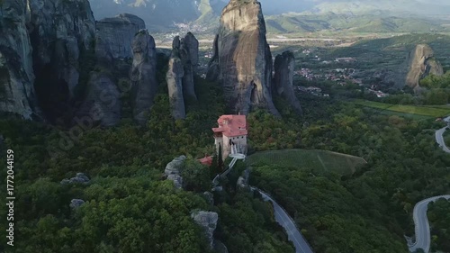 Morning Aerial View of Rousanos Monastery in Meteora, Greece