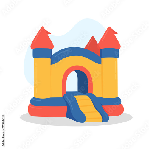 Colorful bounce house castle stands ready for fun and laughter, bounce house attracting kids to playful outdoor joy, bounce house symbolizing celebration, happiness