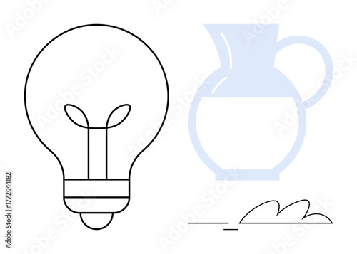 Light bulb with sprouting plant and water jug with puddle illustrate growth, sustainability, eco-innovation, resource optimization, clean energy, conservation, and nature-driven solutions as a simple