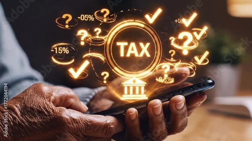 Hands holding a smartphone with floating tax graphics, question marks, and percentage indicators