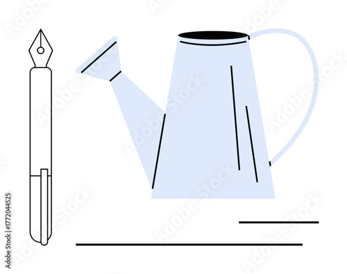 Fountain pen beside a pastel watering can. Ideal for creativity, growth, writing, gardening, education, minimalism, inspiration. Modern abstract with simple flat metaphor