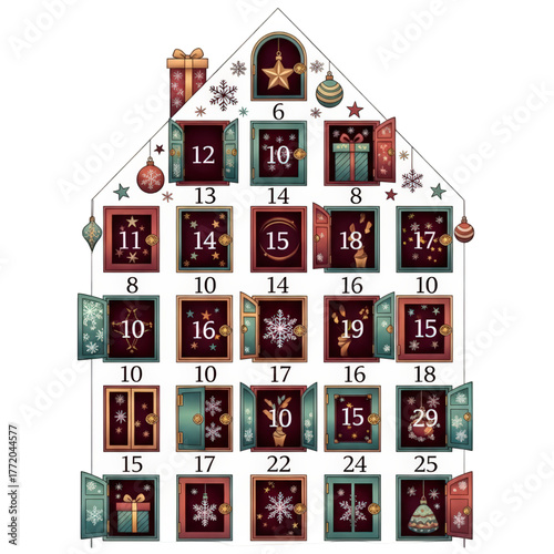 Illustrated Christmas Advent Calendar Shaped Like a House.