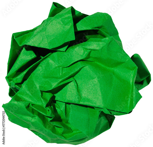 Bright shamrock green paper ball from crumpled used sheet, isolated element for design
