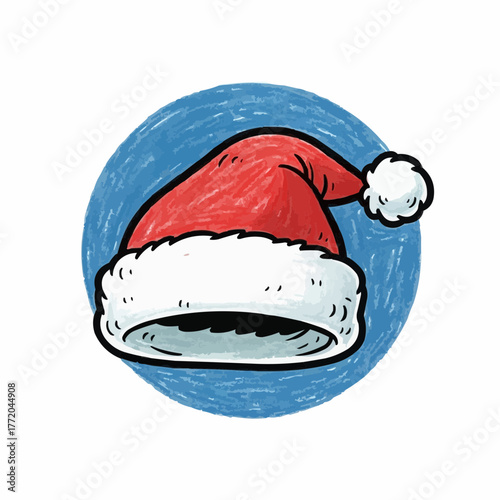 Santa Claus hat illustration in red and white on blue background  
