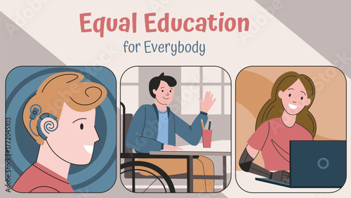 Equal Education for Everybody. Inclusive classroom with students of different abilities learning together.