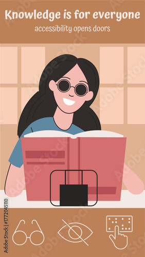 Blind woman reading Braille book – accessibility and empowerment concept