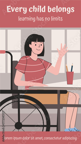 Girl in wheelchair learning at school – accessibility and empowerment concept