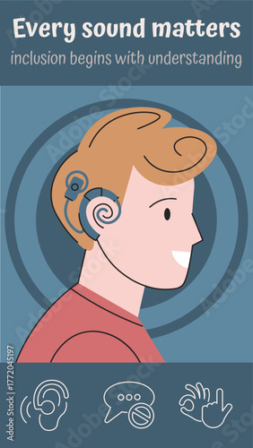 Smiling boy with hearing aid sitting outdoors, concept of inclusion and accessibility