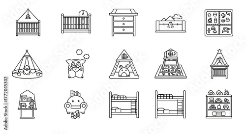 Kids room furniture icons playroom interior playhouse and beds a set of line art elements for childrens designs and decor for catalogsweb.