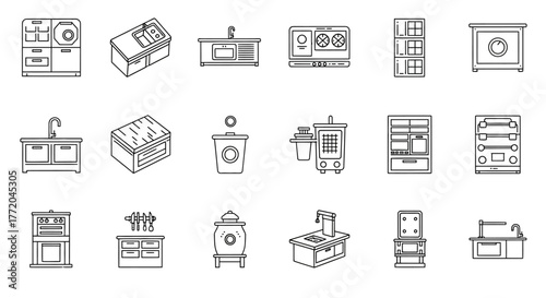 kitchen equipment icons representing diverse appliances in outline style ideal for culinary blogs menu design and highlighting modern kitchen solutions.