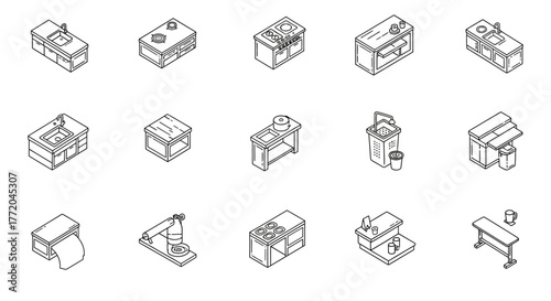 kitchen equipment isometric outline icons illustrating diverse cooking appliances sinks and prep stations for restaurant kitchen designs and food industry uses.