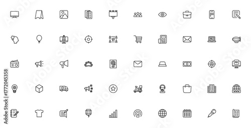 Advertisement icon set. Vector business collection faturing TV, billboard, socal media, target audience,campaign, email, radio, maazine and more. Editable sroke.