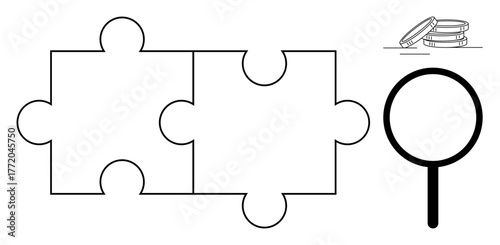 Connected puzzle pieces with coins and magnifying glass symbolize teamwork, problem-solving, analysis, and value discovery. Ideal for collaboration, finances, strategy, research, partnerships