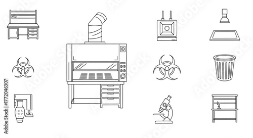 lab equipment outline icons for science education illustrating laboratory tools for educational materials in a vector design suitable for medical studies
