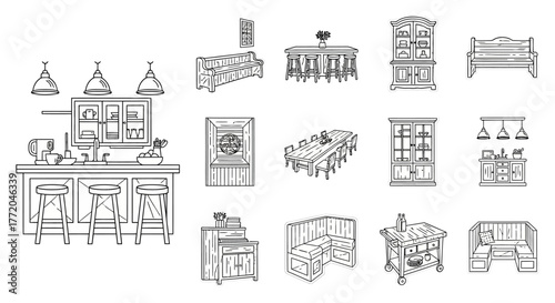 Line art furniture illustrations for interior design projects black and white drawings of tables chairs cabinets and seating for home decor visuals.