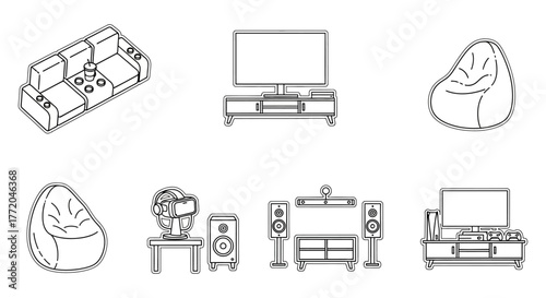 living room setup a modern entertainment center with sofa tv speakers vr headset and bean bags for a gaming and movie night experience