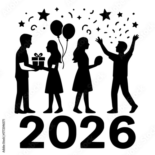 Celebrating New Year 2026, Group of Friends with Balloons and Gifts