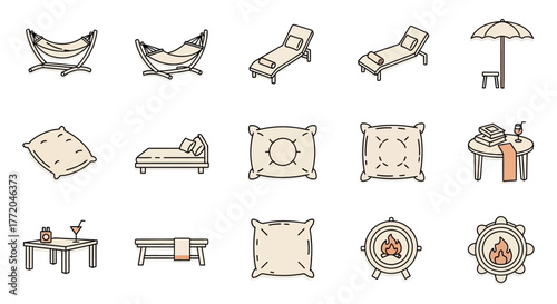 luxury patio furniture including hammocks sunbeds and fire pits for outdoor relaxation ideal for summer vacation and backyard living spaces