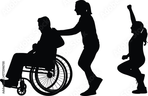Inclusive support flat vector illustration showing caregiver pushing wheelchair and celebrating person, disability assistance teamwork empowerment silhouette concept