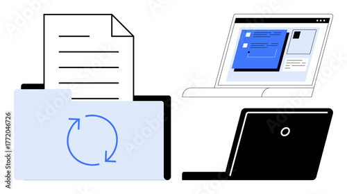 Open laptop with digital files, folder and sync icon, and another laptop. Ideal for teamwork, remote work, data management, cloud storage, productivity, file sharing simple flat metaphor