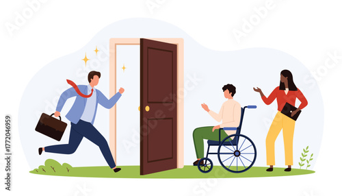 Businessman entering open door as woman and man in wheelchair wait, highlighting workplace discrimination, diversity, and job shortage issues, isolated vector illustration