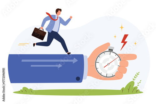 Corporate man with briefcase running on giant hand holding stopwatch symbolizing urgency, hustle culture, deadline pressure, time management, productivity isolated vector illustration