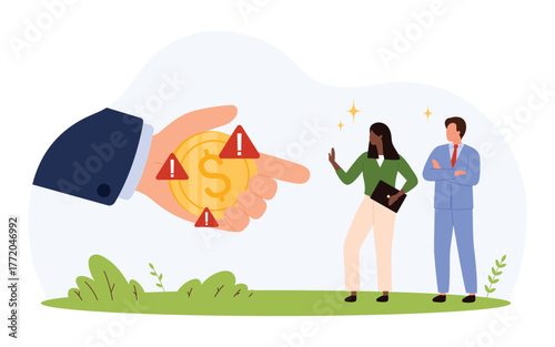 Corporate professionals rejecting bribe offer, showing ethical decision, anti-corruption, integrity, warning signs, and financial misconduct prevention isolated vector illustration