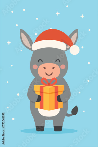 Cute Christmas Donkey Holding Gift Box in Modern Flat Design