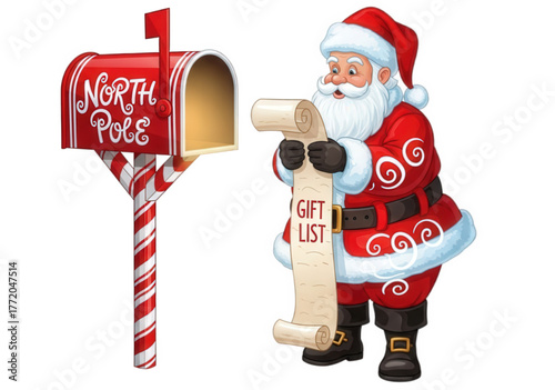 Santa Claus reading his long gift list next to a North Pole mailbox.