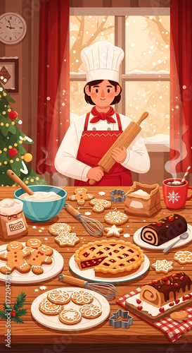 Young baker in a chef hat and red apron with festive holiday baked goods.
