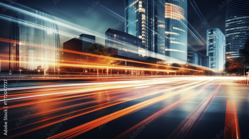 Naklejka premium Light trails on the modern building background. Light trails at night in urban environment, Abstract Motion Blur City, traffic, transportation, street, road, speed